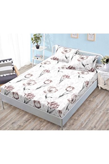 OEM Husa de Pat, cu Elastic, 3 Piese, Bumbac Satinat, 180x200cm, Imprimeu Lalele, Multicolor