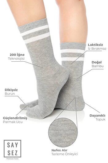 SAYSEZ Bamboo Unisex Tennis College Striped Premium Gray Melange Color Seamless Socks 3 Pack