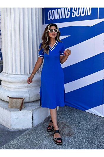 buğrahayalin Women's Short Sleeve V-Neck and Rib Detail Midiboy Viscose Dress