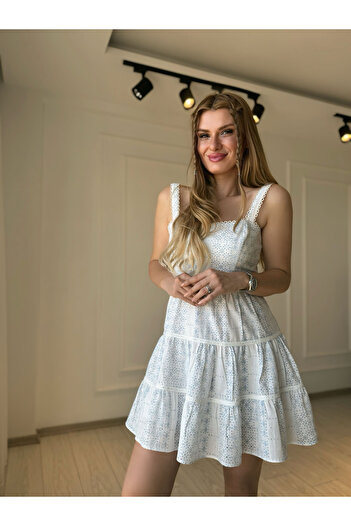 Store Square Neck Stripe Detailed Patterned Dress