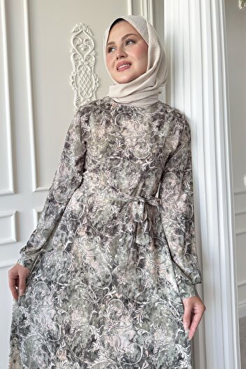 InStyle Sarmaşık Flora Desen Saten Yeşil Elbise