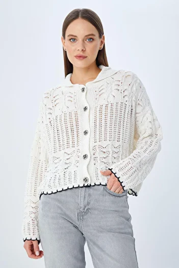 Mixray 6861 Women's Openwork Hem Colored Knitwear Cardigan Stone