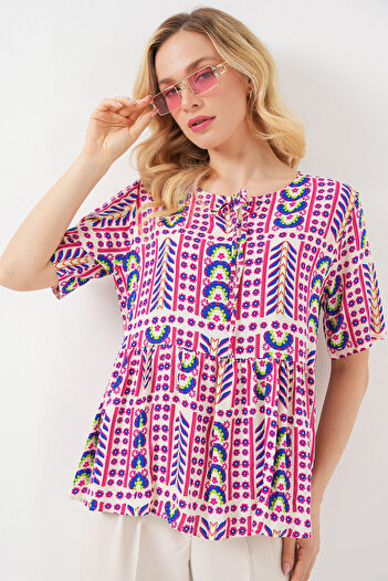 Bigdart Women's Patterned Short Sleeve Blouse 969 - Fuchsia