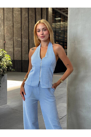 hazelin Women's Blue Striped Front Zipper Blouse Pants Double Suit Hzl25S-Zk13691