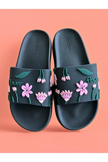GEZER SİYAH Flower Havuz Terlik - Plaj Çiçek Desenli Terlik