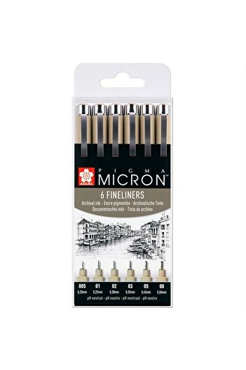 Sakura Pigma Micron Fine Marker Set, 6 Pieces, Black
