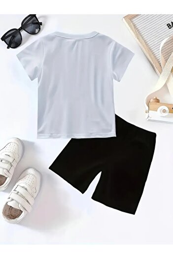 Renna Mood Girl's White-Black Capy Baras Love Printed Shorts-Tshirt Set