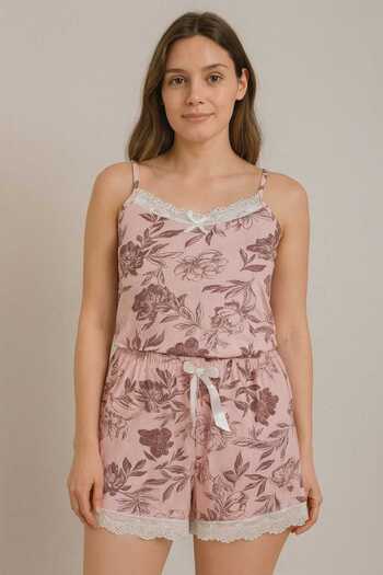 Humaone Summer Pajama Set with Lace Detail String Suspender Shorts