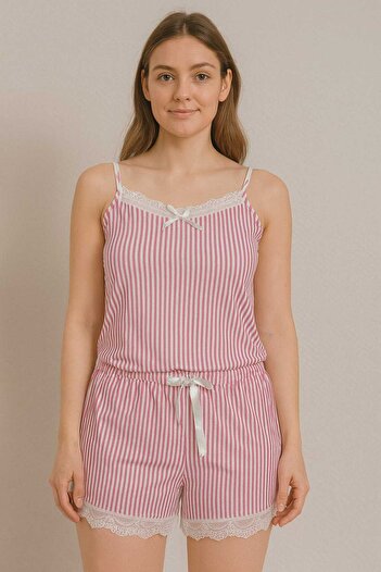 Humaone Summer Pajama Set with Lace Detail String Suspender Shorts