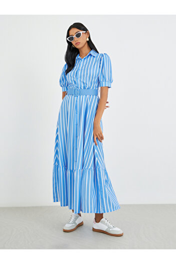 Take Two By Styli Striped Puff Sleeve Buttoned Maxi Dress