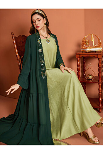 Take Two By Styli Embellished Long Sleeve Tiered Maxi Kimono