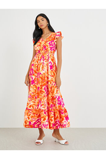 Take Two By Styli All-Over Print V-Neck Ruffled Hem Maxi Dress