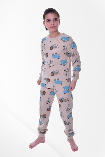 Pajama Shop Boys' 100% Cotton Beige Color Elephant Zebra Lion Patterned Long Sleeve Winter Pajama Set