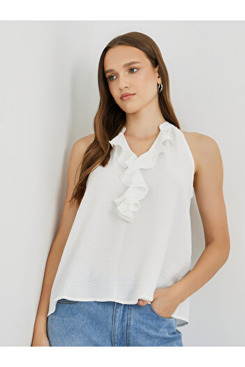 Styli Solid Sleeveless Ruffle Detail Top