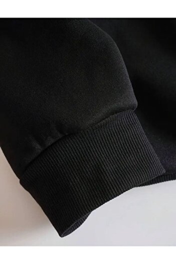 caddekombin Üç Yıldız Baskılı Bisiklet Yaka Siyah Sweatshirt