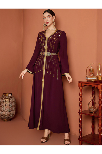 Take Two By Styli Beaded Embroidered Belted Lace Insert Jalabiya