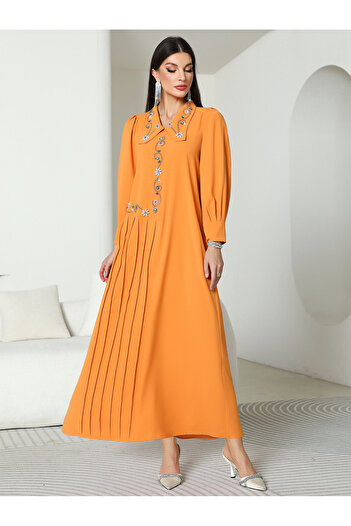 Take Two By Styli Solid Pleated Embroidered Balloon Sleeve Maxi Dress