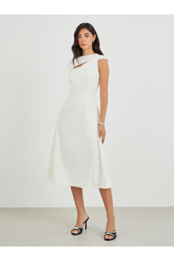 Styli Solid Asymmetric Neckline A-Line Midi Dress