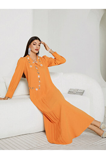 Take Two By Styli Solid Pleated Embroidered Balloon Sleeve Maxi Dress