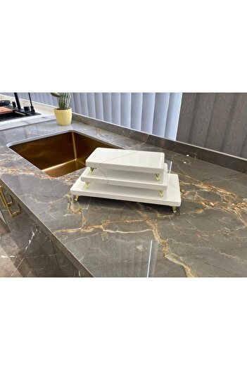 M&O MARBLE Kuvars Sunumluk 3'lü Set Pasta Sunumu,Metal Gold Renkli Profil Ayak