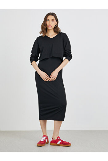 Take Two By Styli Women Solid V Neck Sweatshirt and Bodycon Midi Dress Co-Ords
