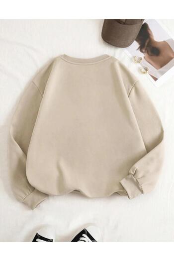 caddekombin Basic Crew Neck Beige Sweatshirt with Wool Inside