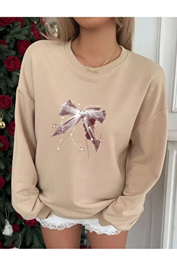 caddekombin Bright Pink Ribbon Printed Crew Neck Beige Sweatshirt