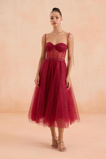 Carmen Burgundy Midi Lace Evening Dress