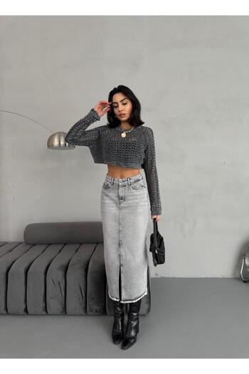 XBELLA DENİM Women's Maxi Size Denim Skirt Front Slit Detail Long