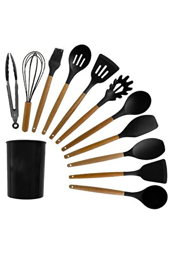 Welora Set of 12 silicone and wooden kitchen utensils with glass holder - Black