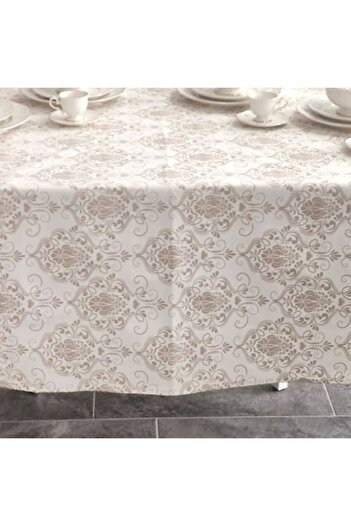 Pucioasa Teflon-coated cotton tablecloth, round, diameter 180cm, beige baroque pattern