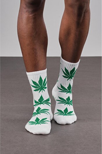 king brich Unisex Sports 4-Piece White Green Leaf Patterned Cotton Socks