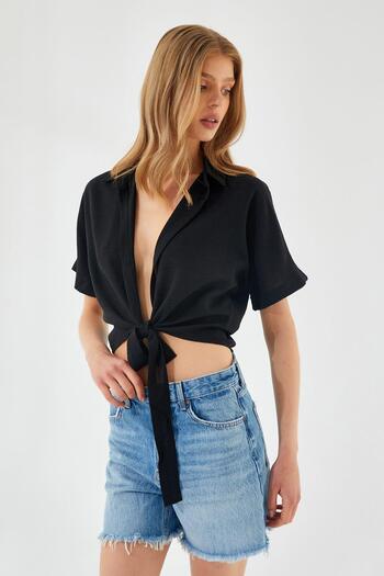 Mixray 4230 Women's Tie-Up Summer Linen Shirt Black