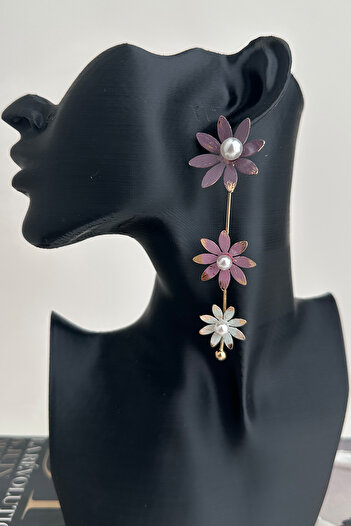 Modex Metal Colored Pearl Detail Wind Flower Dangle Earrings(9cm)