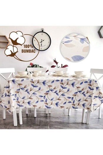 Pucioasa Teflon-coated cotton tablecloth, 120x160cm, Blue and beige leaves