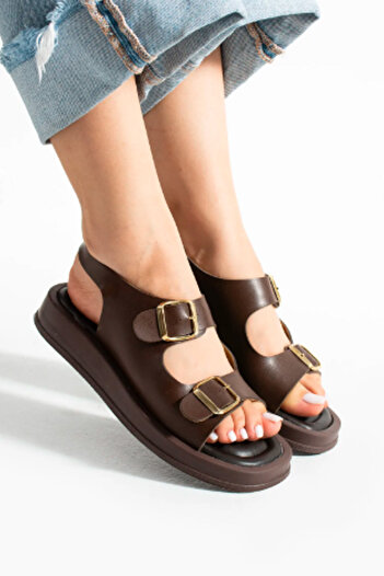 BOUIS Women's Brown Daily Comfortable Sole Double Buckle Sandals Summer Lightweight High Sole Pool Beach Slippers