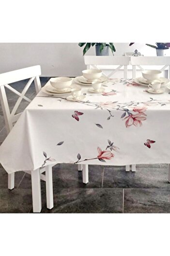 Pucioasa Teflon-coated cotton tablecloth, round, diameter 140cm, Pink flowers and butterflies
