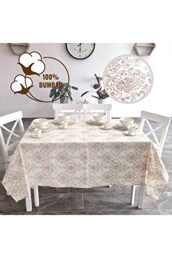Pucioasa Teflon-coated cotton tablecloth, round, diameter 180cm, beige baroque pattern
