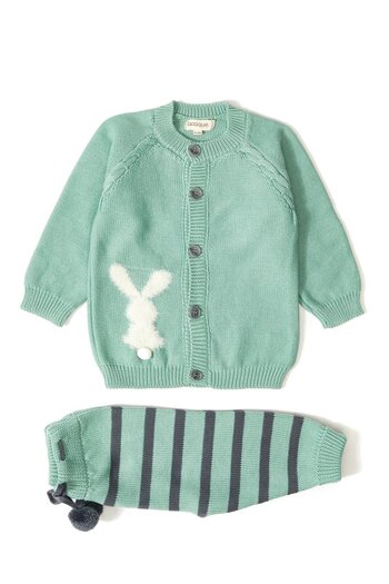 Uludağ Triko Green Organic Cotton Rabbit Patterned Knitwear Cardigan and Sweatpants Double Set