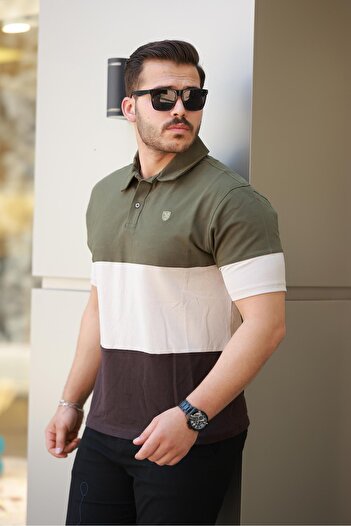 Miron Men's Polo Neck Khaki Ecru Brown Color Block 100% Cotton T-Shirt - 2532