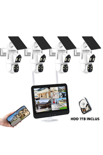 CLAUSTEEL Complete kit with 4 CLAUSTEEL SQ01 surveillance cameras dual and solar panel,WIFI,7500mAh,NVR12inch