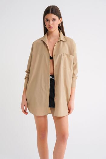 Mixray 4053 Women's Single Pocket Oversize Basic Shirt Biscuit