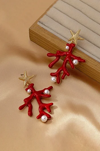 Glaren Red Coral Design Dangle Women's Earrings
