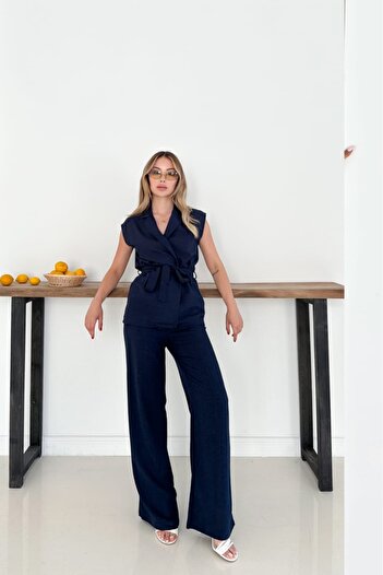 The Robi Linen Fabric Belt Detailed Vest Pant Double Suit