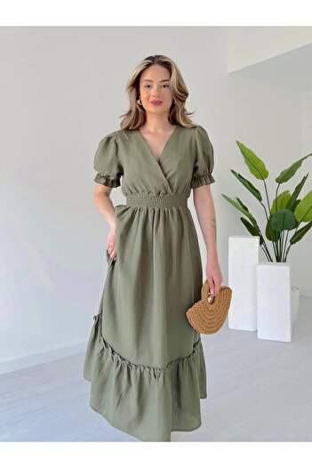Lusin Women's Khaki V-Neck Elastic Waist Drawstring Muslin Fabric Short Sleeve Dress (New Color)
