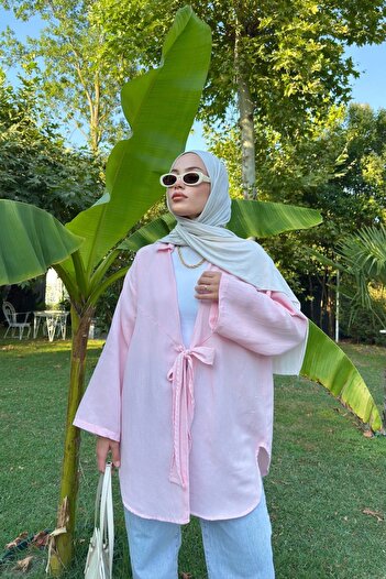 Bipantolon Women's Pink Tie Detail Flam Linen Kimono