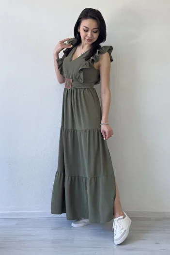 the ZKS Women's Ruffle Sleeve Buckle Detailed Slit Summer Dress Plum, Navy Blue, Khaki