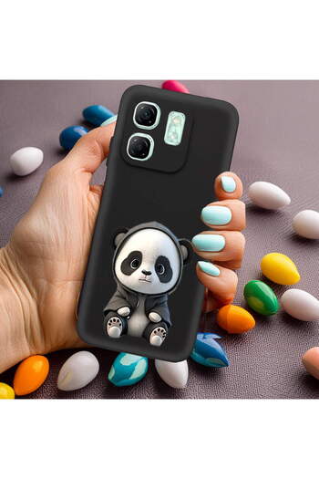 PrintiFy Infinix Hot 50i ile Uyumlu Sevimli Panda (0214d) Tasarımlı Siyah Lansman Kılıf