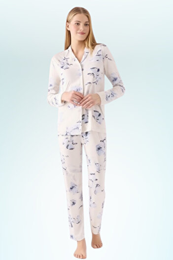 Pierre Cardin Kadın Beyaz Full Düğmeli Uzun Kol Viskon Pijama Takımı VR.PC.01.88.8.3.1. Y01