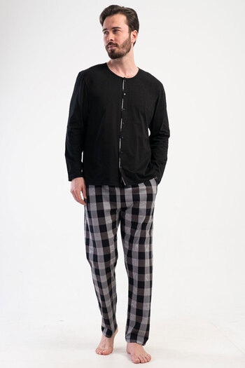 VİENETTA Cotton Men's Plus Size All Button Long Sleeve Pajamas Suit , 409191